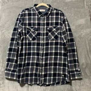BKE Departwest Men's Flannel Button-Down Shirt XL Navy White‎ Cotton Plaid Soft